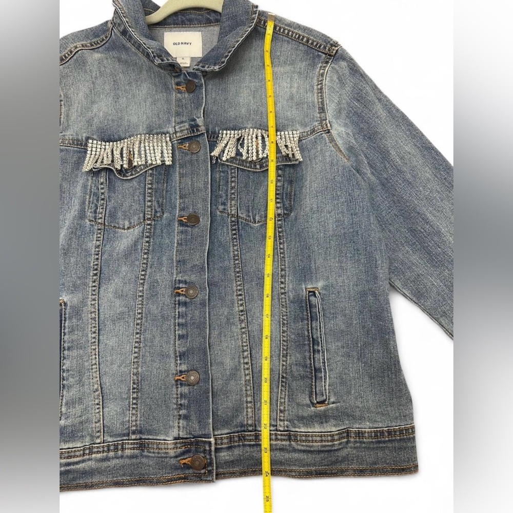 Upcycled Denim Jean Jacket XL Rhinestone Fringe Let Me Tell You ’Bout My Jesus - Picture 3 of 8
